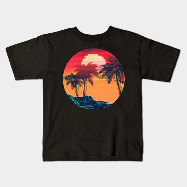 Vaporwave landscape with rocks and palms Kids T-Shirt by AnnArtshock